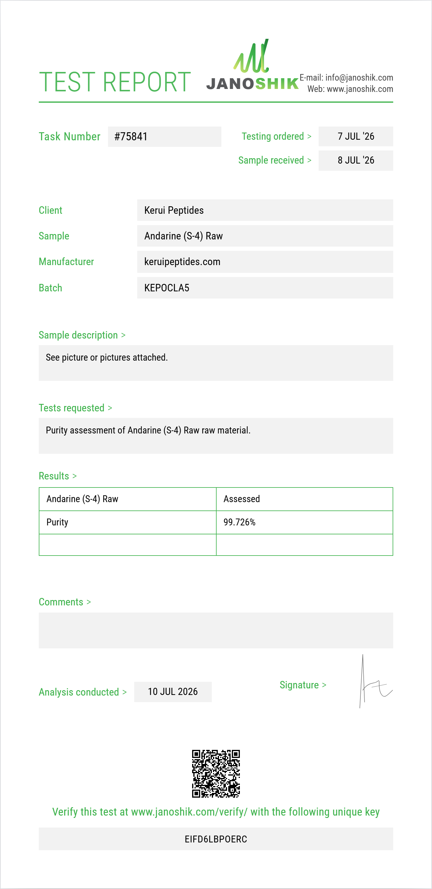 Andarine (S-4) Raw Purity (HPLC) report by Janoshik Analytical