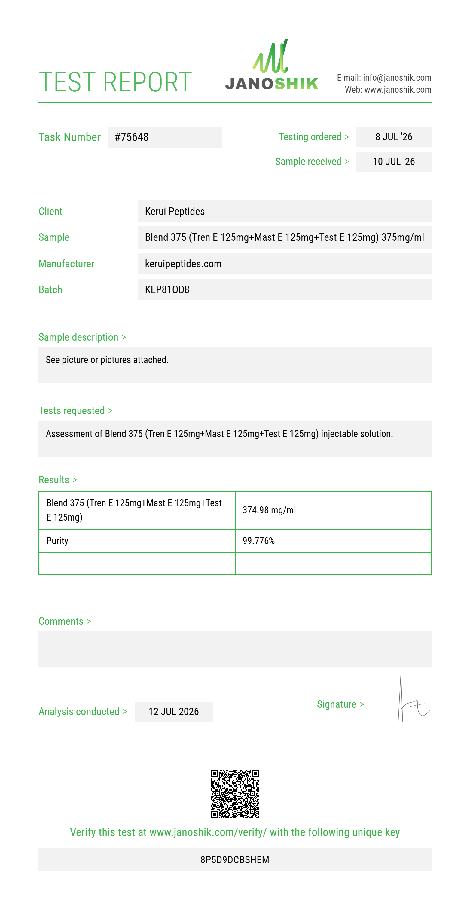 Blend 375 (Tren E 125mg+Mast E 125mg+Test E 125mg) Purity (HPLC) report by Janoshik Analytical