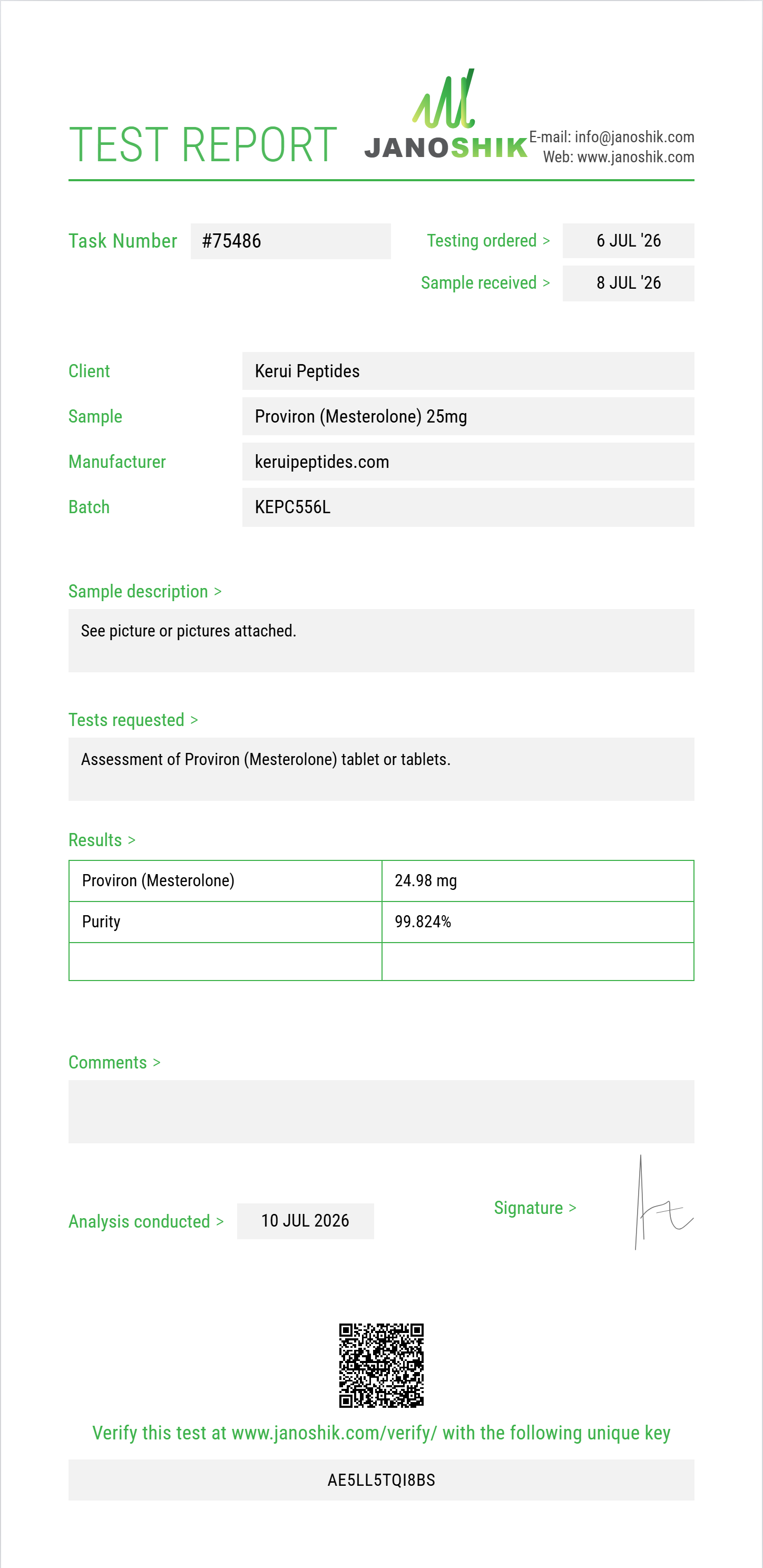 Proviron (Mesterolone) Purity (HPLC) report by Janoshik Analytical