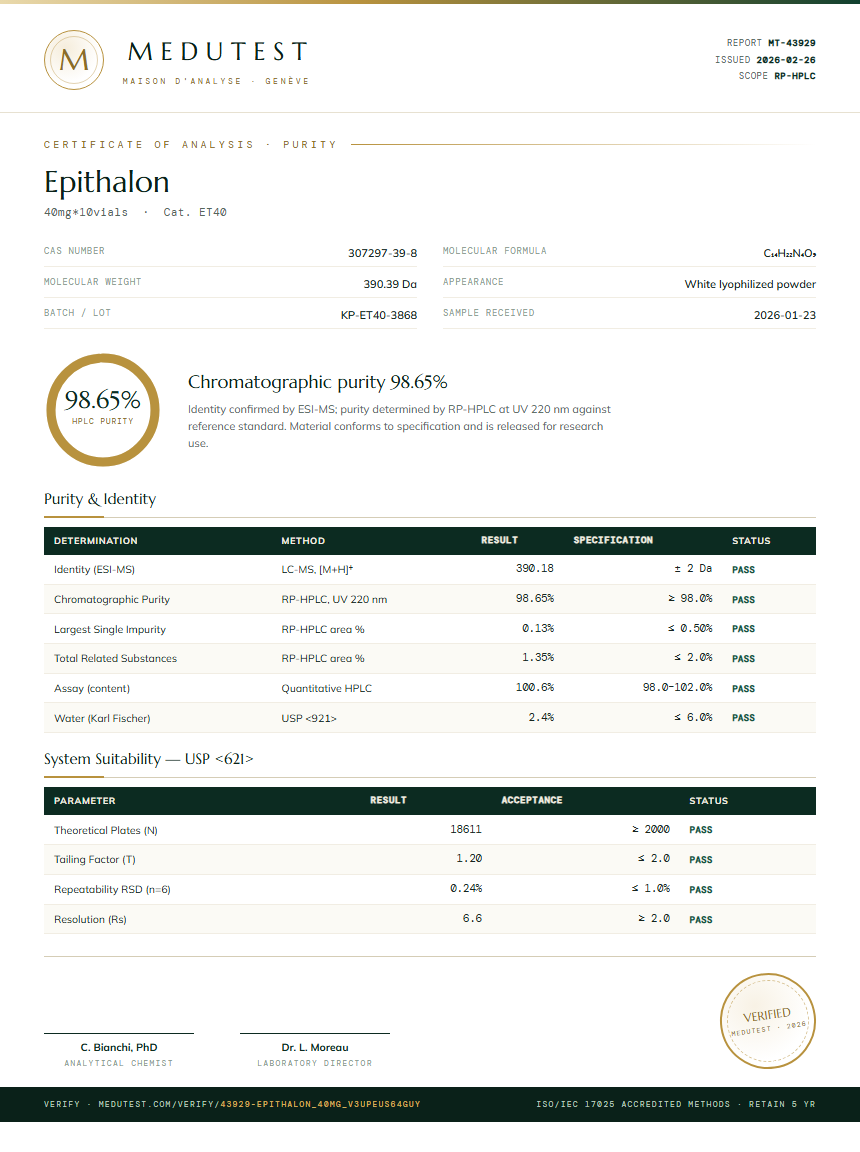 Epithalon Purity (HPLC) report by Medutest