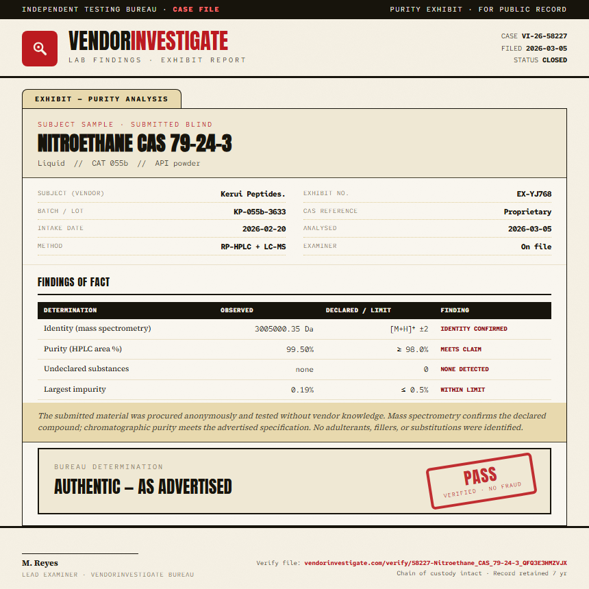Nitroethane CAS 79-24-3 Purity (HPLC) report by VendorInvestigate