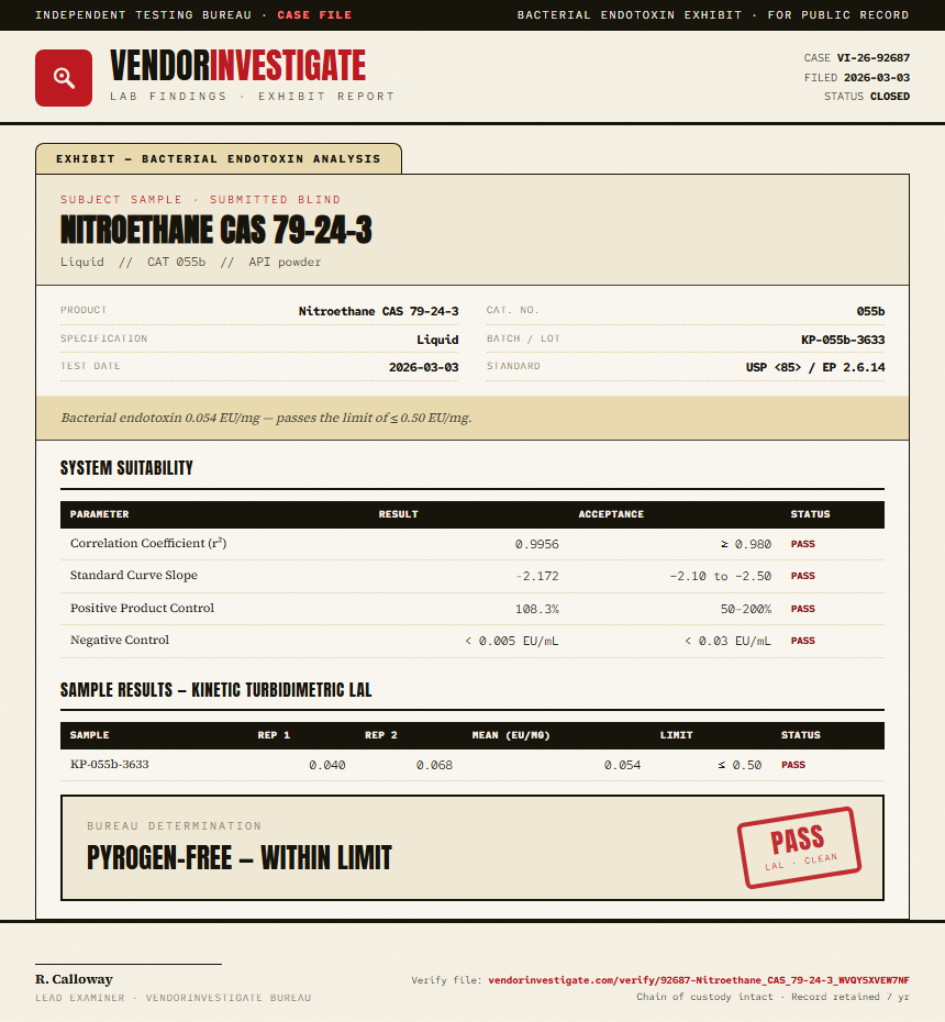 Nitroethane CAS 79-24-3 Endotoxin report by VendorInvestigate